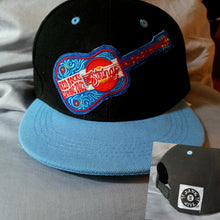 Load image into Gallery viewer, Billy Strings 2023 Red Rocks Guitar Hat, Billy Strings Black &amp; Sky Blue Flatbrim Snapback