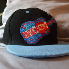 Load image into Gallery viewer, Billy Strings 2023 Red Rocks Guitar Hat, Billy Strings Black &amp; Sky Blue Flatbrim Snapback