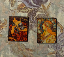 Load image into Gallery viewer, Alphonse Mucha pins, Art Nouveau hat pins, rolling paper girl pins