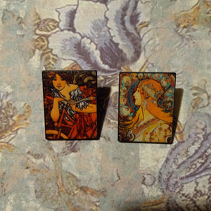 Alphonse Mucha pins, Art Nouveau hat pins, rolling paper girl pins