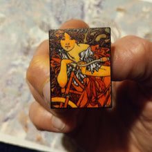 Load image into Gallery viewer, Alphonse Mucha pins, Art Nouveau hat pins, rolling paper girl pins