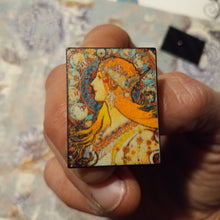 Load image into Gallery viewer, Alphonse Mucha pins, Art Nouveau hat pins, rolling paper girl pins