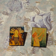Load image into Gallery viewer, Alphonse Mucha pins, Art Nouveau hat pins, Absinthe Ad girl pins