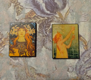 Alphonse Mucha pins, Art Nouveau hat pins, Absinthe Ad girl pins