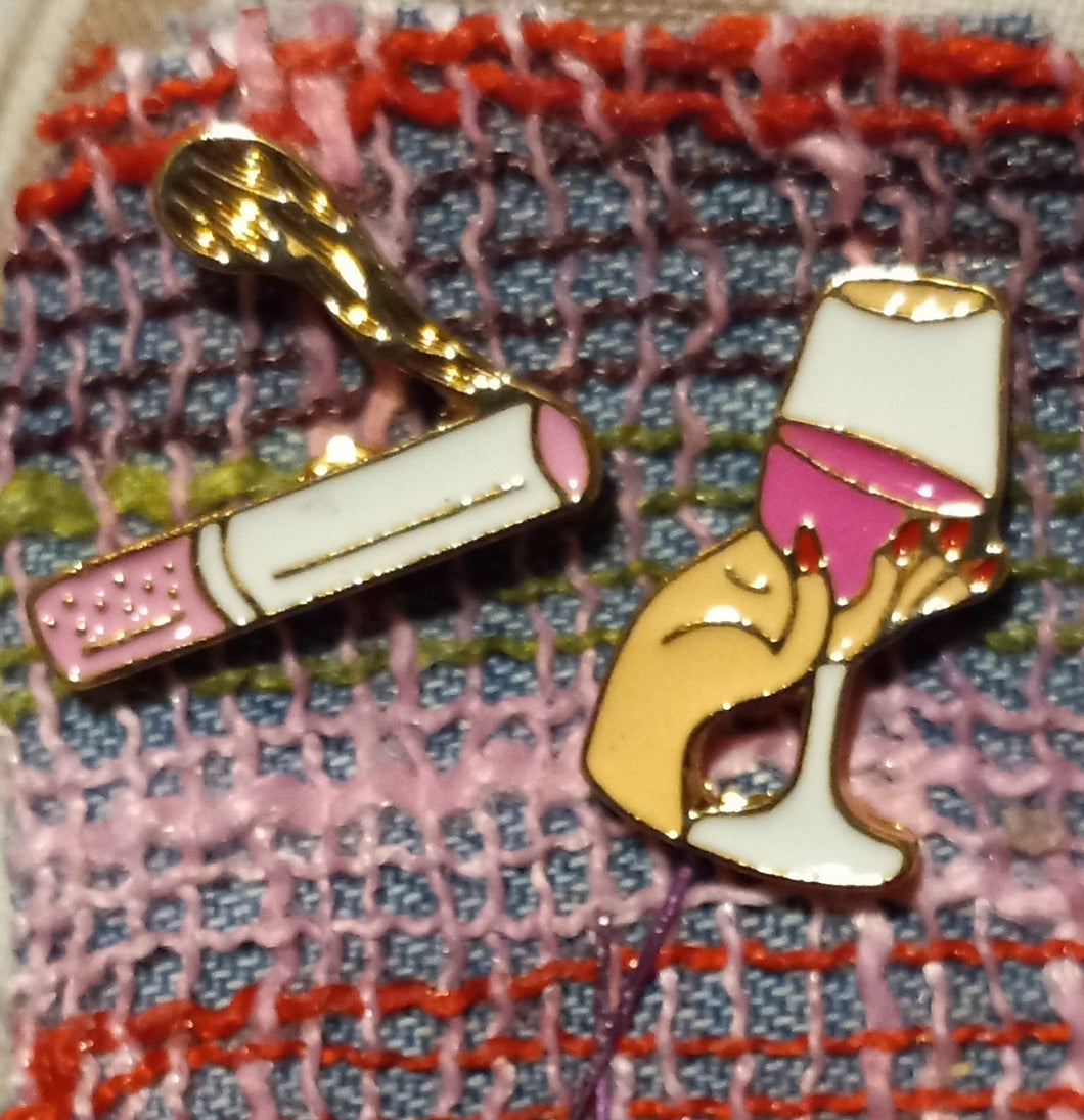 Bad Girls Enamel Pins, pink cigarette pin and pink wine glass pin