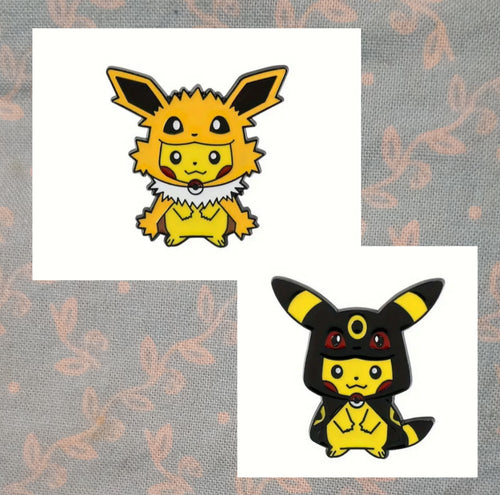 Pokémon Pikachu pins, 2 Enamel Pikachu hat pins disguised as Umbreon and Jolteon, kid's pins