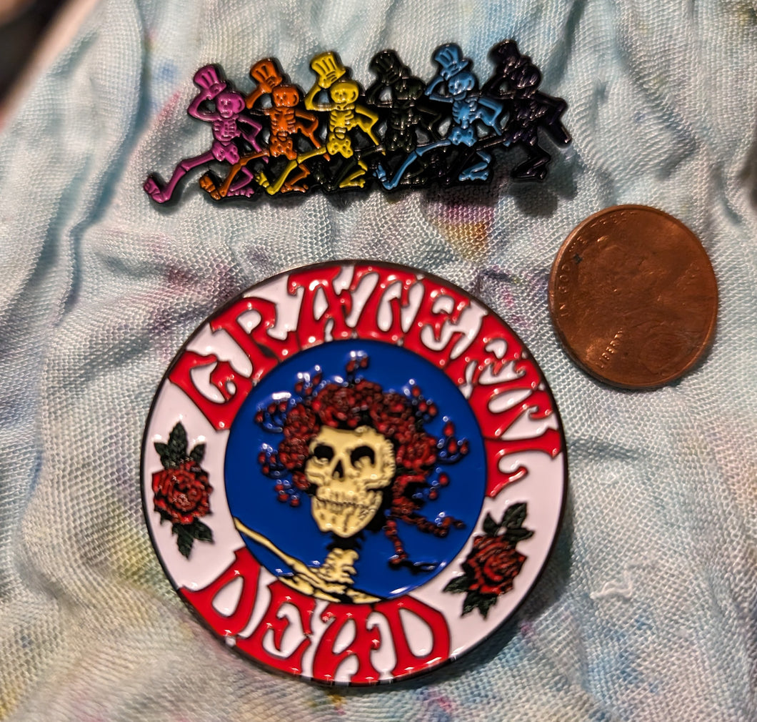 Grateful Dead enamel hat pins, 1 Bertha hat pin and 1 dancing skeletons hat pin