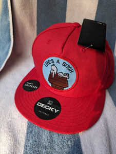 Snoopy Hat, Charlie Brown Snoopy hat, red Snoopy Vintage flat brim DECKY snapback