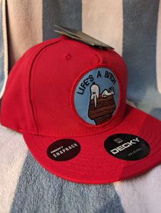 Snoopy Hat, Charlie Brown Snoopy hat, red Snoopy Vintage flat brim DECKY snapback