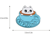 Load image into Gallery viewer, Adorable Cat in Cappuccino hat pin, Cattpuccino enamel hat pin, kitty lapel pin