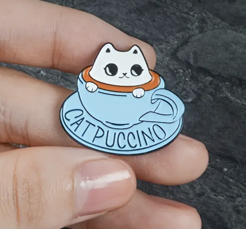 Adorable Cat in Cappuccino hat pin, Cattpuccino enamel hat pin, kitty lapel pin