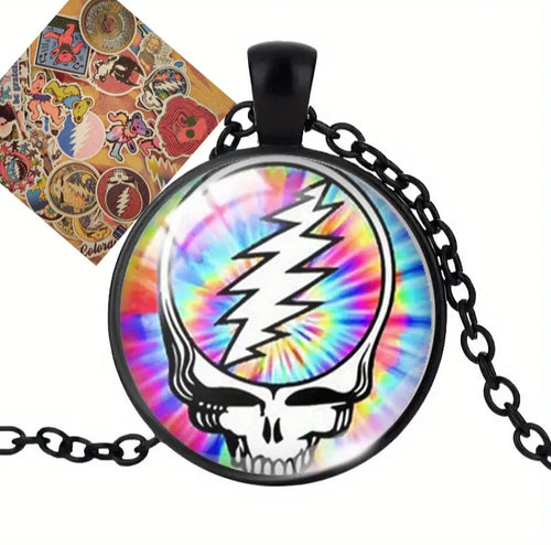 Grateful Dead necklace, tie dye Stealie necklace with 10 Grateful Dead stickers
