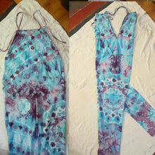 Load image into Gallery viewer, Ice dye overalls, Turquoise and Purple tie dye Bibs