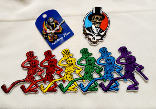 Grateful Dead gift set bundle, Rainbow Jerry Garcia hat pin, 2 iron on patches